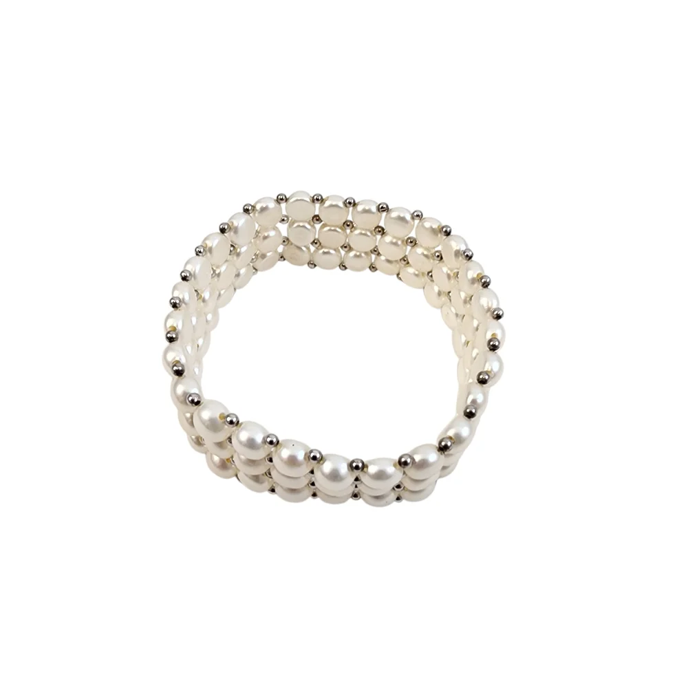 White Pearl Bracelet 3 Tiers Silver Beads Genuine Pearls Art Deco + A0362 Q7